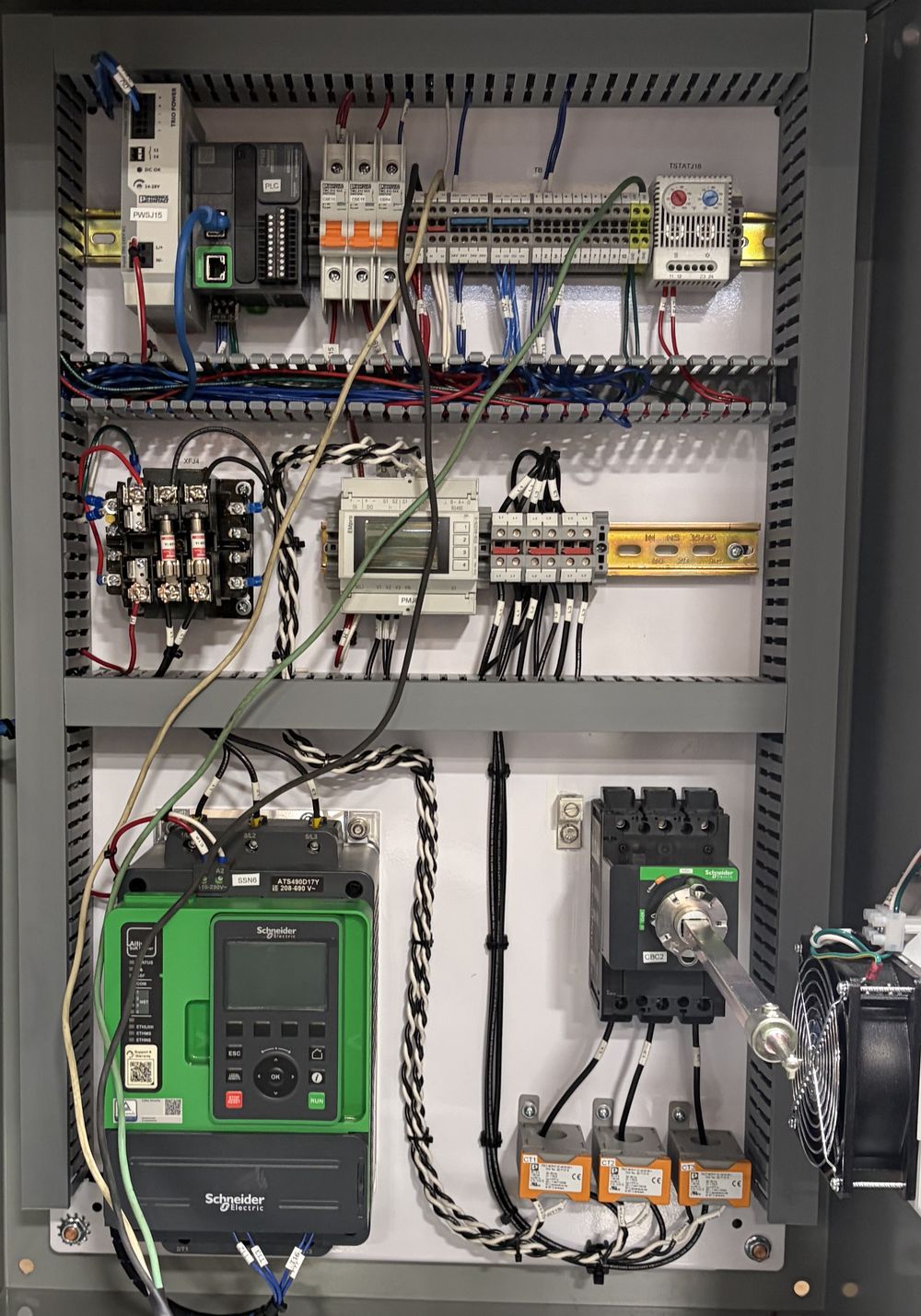 Interior of a Rhino Kontrol pump control panel with the door open